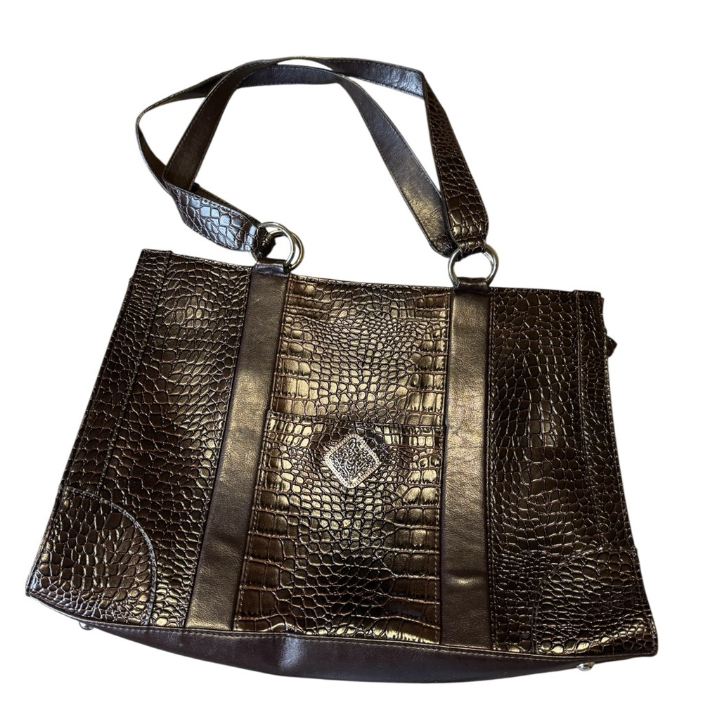 👜 Coldwater Creek Julia Croco Embossed Tote 🐊 Brown Faux Leather Shoulder Bag 👜